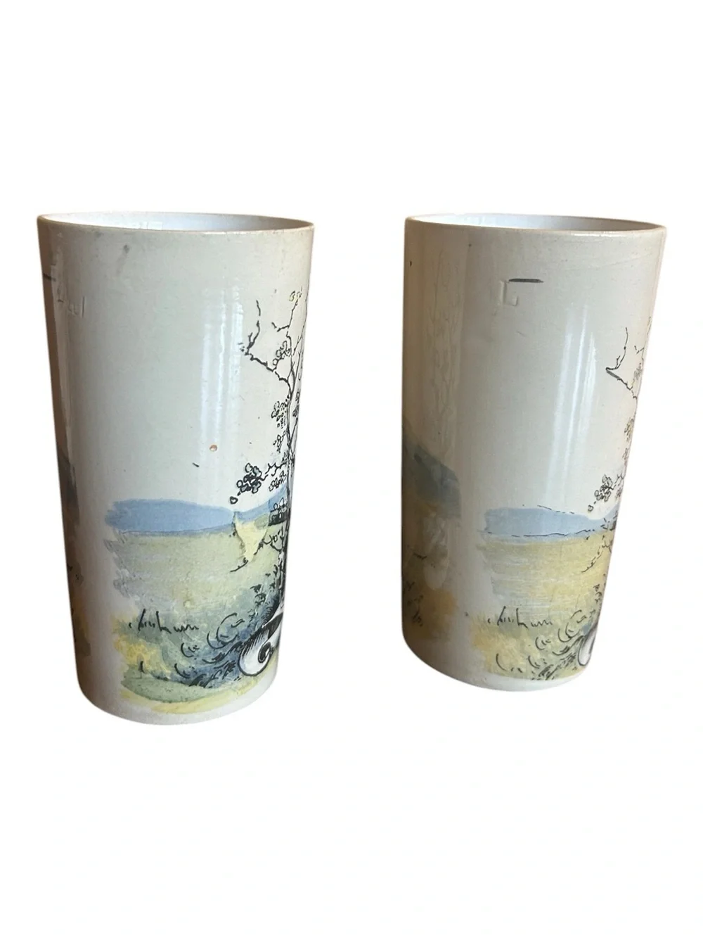 Antique Mettlach Villeroy & Boch Beer Beaker Pair 2327 1023 Pug Fiddle Player